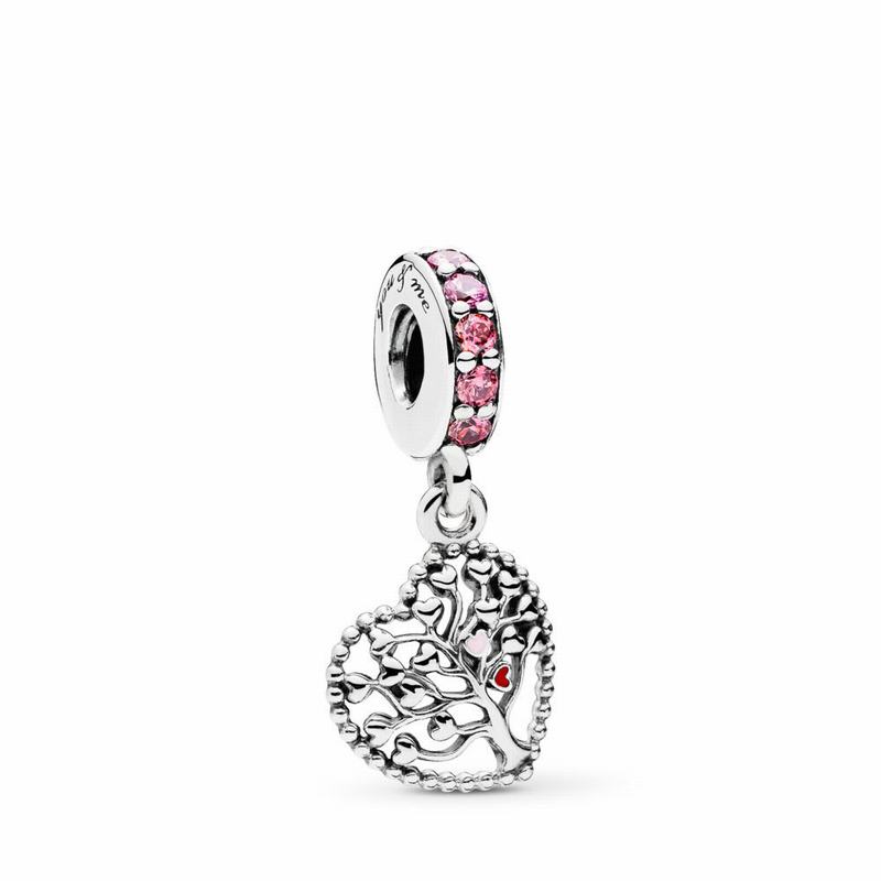 Pandora Pink Family Tree Dangle Charm Ireland - Sterling Silver/Enamel/Pink/Cubic Zirconia - 904865R